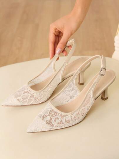 CUCCOO HITCHD Women Shoes Summer New Embroidered Lace Pointed Kitten Heel Elegant Romantic Apricot Lace Mesh Women's High Heel Shoes Slingback Dress Shoes Bridal Shoes Dating Elegant Wear Wedding Season Dinner