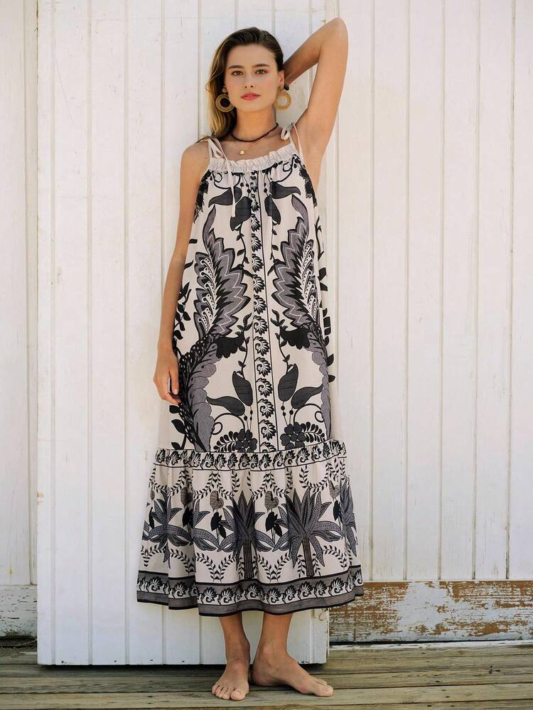 SHEIN Maija Women's Multicolor Printed Summer Casual Dress, Bohemian Vacation Loose Backless Dress With Tie Shoulder Straps, Elegant Symmetrical Totem Pattern Beach Holiday Dress All-Match Summer Clothing For All Seasons, Modern Holiday Fashion Design, Comfortable Beach Beach Clothing, Bohemian Style, Isabi Island Holiday Wear, Summer Dopamine Holiday Wear, Ins Same Style Holiday Style, Exotic Atmosphere, Country Concert, Western Style Clothing