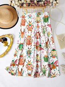 SHEIN Clasi Falda larga en talla grande con estampado de los Beatles, estilo casual y corte evasé, para conjunto de mujer