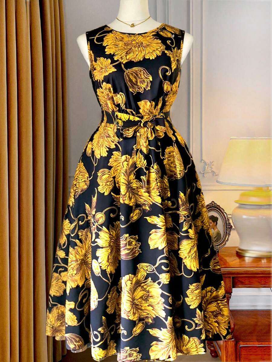 SHEIN Unity 大码女式无袖碎花中长连衣裙，优雅成熟，适合日常穿着