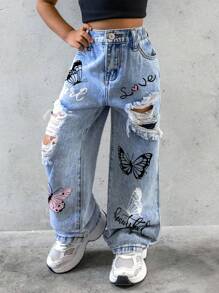 SHEIN Explorewe Nuovi jeans dritti in denim strappati e lavati di colore azzurro chiaro, stile casual, misura piccola per ragazze