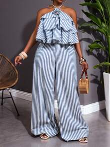 SHEIN CURVE+ 大码女装/秋季服装/秋季女装/冬季女装/冬季女装大码条纹印花荷叶边吊带连体衣 - 藍色 - 查看 3