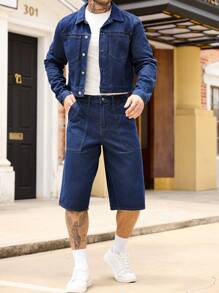 Manfinity Homme Men Long Sleeve Single Breasted Denim Jacket And 3/4 Pants Casual Jeans Denim Suit, Fall