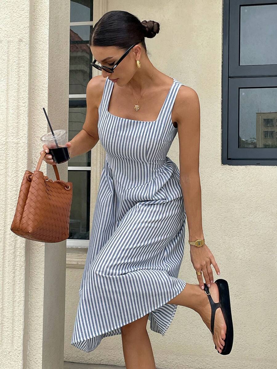 Siren Gaze Women Striped Print Square Neck Sleeveless Mid-Calf Summer Dress Vacation Casual Blue Holiday Resort - Navy Blue - View 1