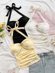 Soleia 3 件套女士无袖 V 领花朵金属扣针织工字背心，白色、黑色、黄色，适合度假、音乐节、波西米亚风、节日、约会下午茶 - 彩色 - 查看 1