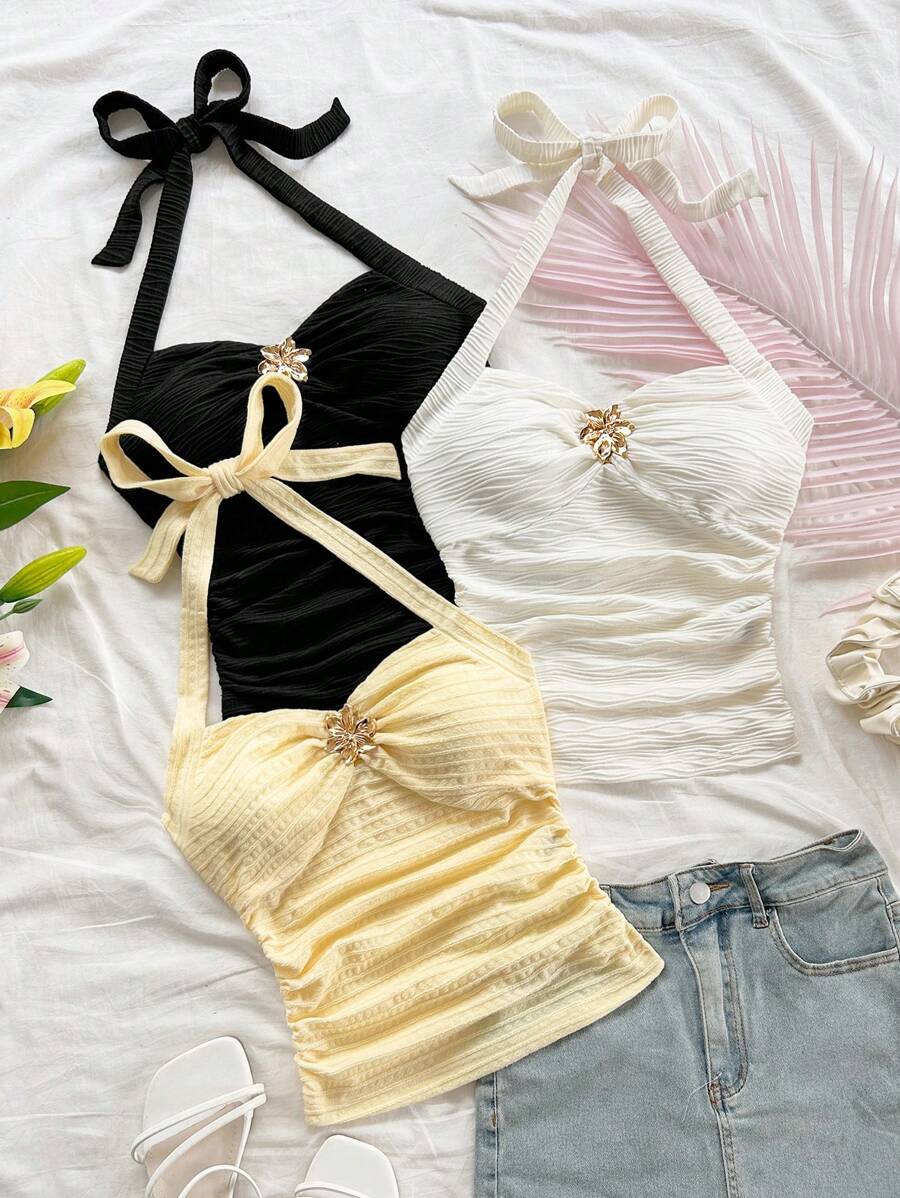 Soleia 3 件套女士无袖 V 领花朵金属扣针织工字背心，白色、黑色、黄色，适合度假、音乐节、波西米亚风、节日、约会下午茶 - 彩色 - 查看 1