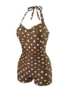 Swim Vcay 1 bộ đồ bơi liền thân in họa tiết chấm bi cho nữ, đi nghỉ mát & đi biển - Cà phê nâu - Xem 4