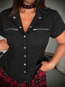 Whyspr Blusa de corte evasé con diseño de tirantes para tallas grandes con estilo grunge y punk - Negro - Ver 3
