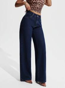 SHEIN PETITE Women Casual Fashion Versatile Straight Button Fly Denim Jeans - Royal Blue - View 3