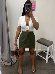 SHEIN LUNE Plus Size Solid Color Mini Skirt, Fashion For Summer - Army Green - View 3
