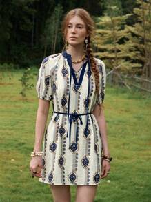 Florisole Vestido curto casual slim com decote em V e amarração frontal estilo boêmio - Azul - Ver 3