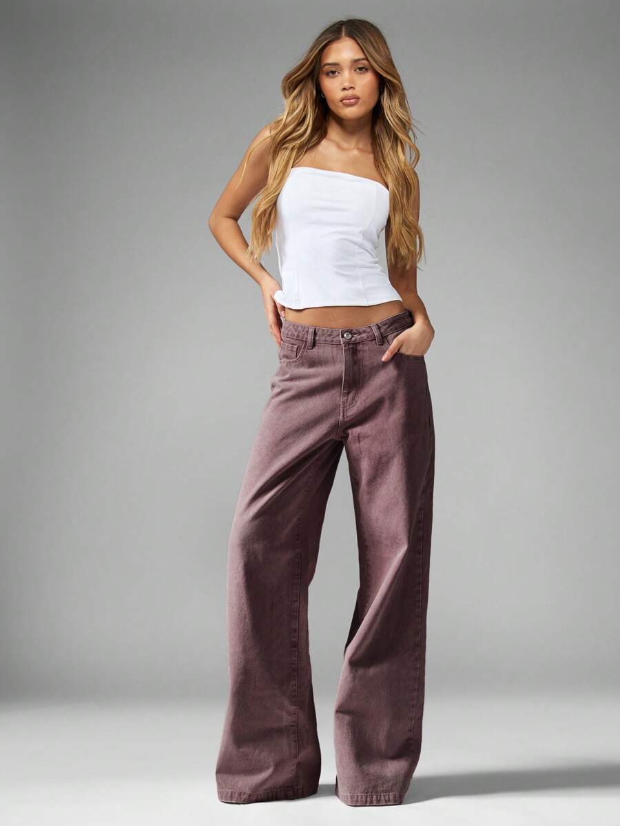 MISSGUIDED High Waisted Wide Leg Denim Jeans Retro Style Autumn Winter Fashion Palazzo Pants Classic Casual Wear Washable Full Length Bottoms - Burgundy - View 1