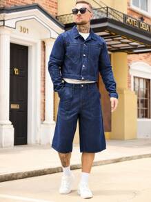 Manfinity Homme Men Long Sleeve Single Breasted Denim Jacket And 3/4 Pants Casual Jeans Denim Suit, Fall