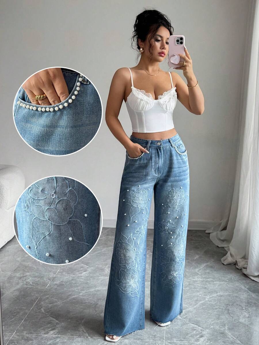 Elenzga Damen Jeans mit mittlerer Leibhöhe, gerader Beinform, Stickerei- und Strass-Verzierung