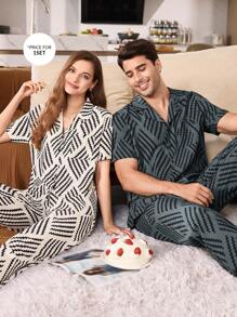 Manfinity Wave Striped Print Turndown Collar Short Sleeve Pants Set Men Loungewear - Grey - View 4