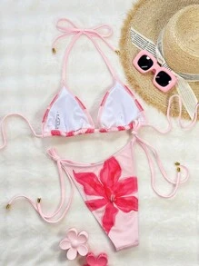 Swim SXY Beach Summer Outfits For Women,Multi-Color Special Fabric Placement Floral Print Sexy Tied Front Halter Triangle Top & Bottoms Bikini Swimsuit Set - Multicolor - View 2