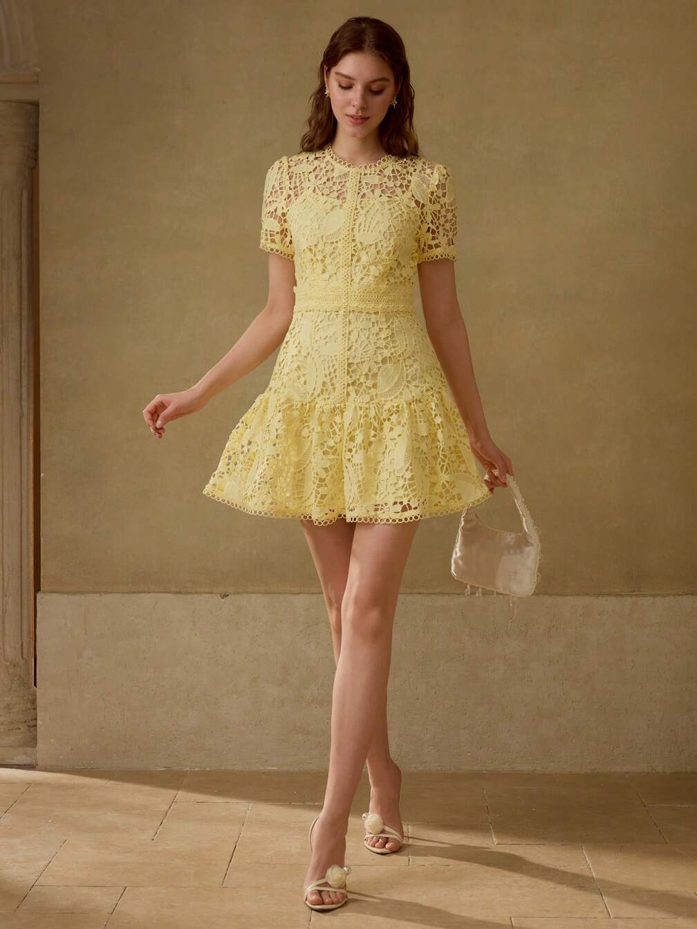 short lace sheer dress Sheer Lace A-Line Mini Dress in Ivory - 6