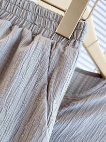 2pcs Women's Solid Color Drop Shoulder Long Sleeve Button Half Placket Top And Shorts Set