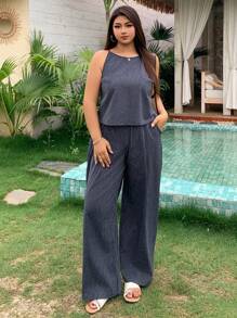 Dazy Plus Set de 2 piezas: Camiseta de tirantes a rayas y pantalón de pierna recta, de verano