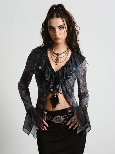 Hippie بلوزة بأكمام فراشة مزخرفة بطباعة البيزلي بطراز الحرية والاسترخاء للنساء