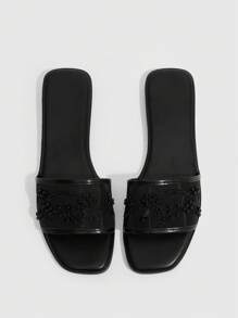 Sleekvia 女士时尚白色手工串珠撞色拼色方头平底凉鞋，适合通勤、约会、散步、度假和居家 - 黑色 - 查看 1