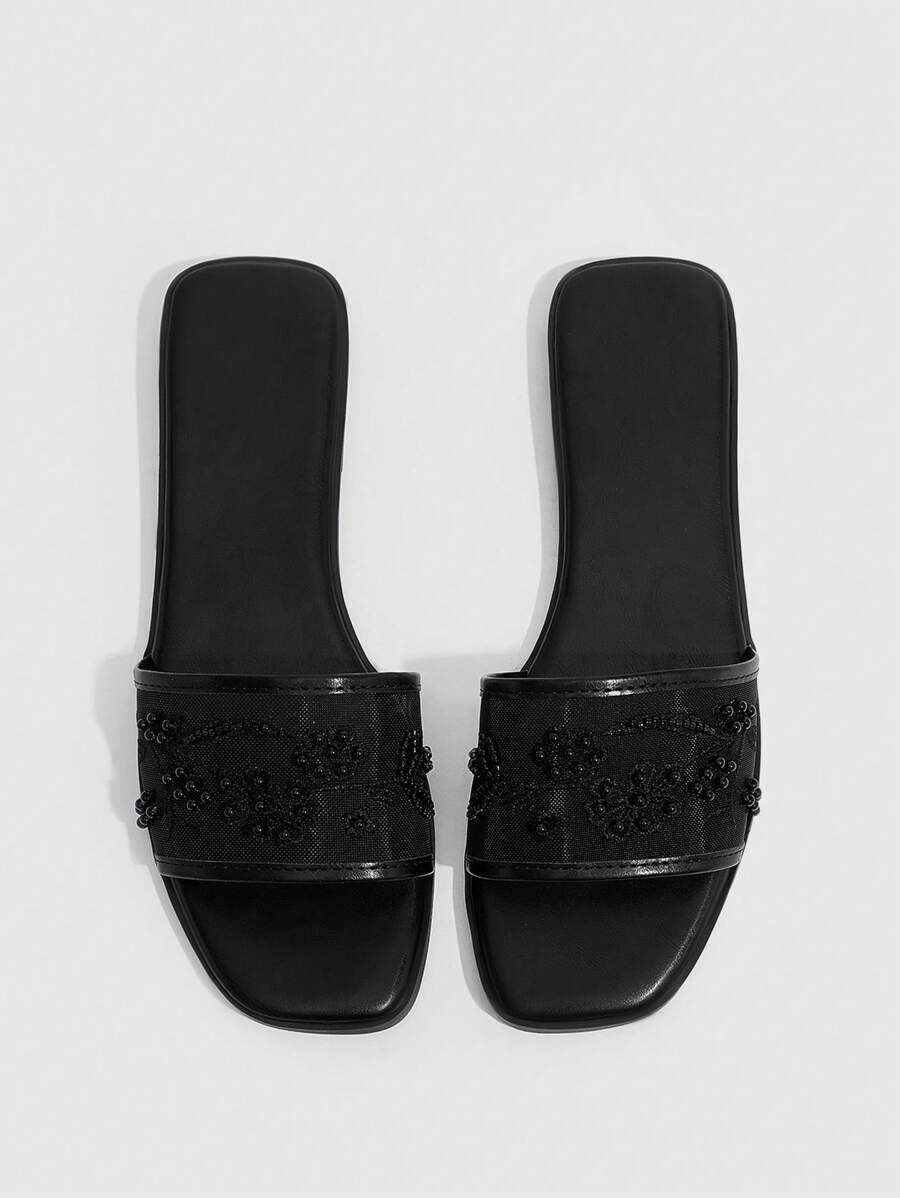 Sleekvia 女士时尚白色手工串珠撞色拼色方头平底凉鞋，适合通勤、约会、散步、度假和居家 - 黑色 - 查看 1