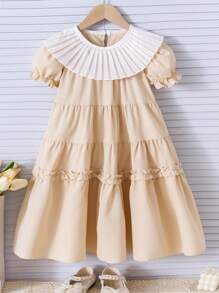 Girls Young Girl Casual Ruffled Collar, Tiered Ruffle Hem Elegant Dress, Suitable For Vacation, Family Gathering, Outdoor Activities, Spring/Summer - Khaki - View 1