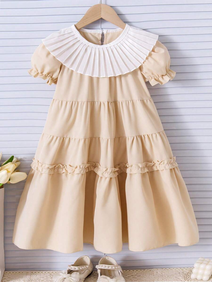 Girls Young Girl Casual Ruffled Collar, Tiered Ruffle Hem Elegant Dress, Suitable For Vacation, Family Gathering, Outdoor Activities, Spring/Summer - Khaki - View 1