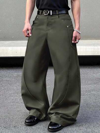 Manfinity ZONE917 Men's Army Green Cropped Cargo Pants Modern Casual Woven Fabric Trousers With Zipper Details For A Stylish Look