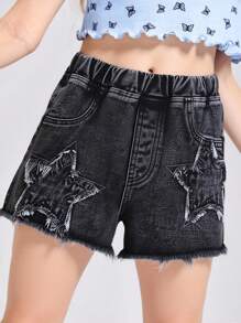 Quần short denim xanh nhạt cổ điển Y2K cho bé gái tuổi teen thêu hình ngôi sao năm cánh, dáng rộng, vải mềm mại và thoải mái, thời trang đường phố và đa năng - Xám - Xem 4