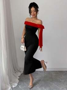 Rafferiza Vestido largo elegante con hombros descubiertos, detalles de lazo y ribete de contraste