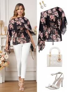 Ellevyn Women's Fashion Elegant Asymmetric Neck One Shoulder Cinched Waist Chiffon Floral Print Blouse, Suitable For Commuting, Outings And Daily Wear Teacher For Women Country Women Beach Vacation - Multicolor - View 1