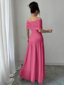 Modelyn Robe femme épaules dénudées en maille texturée avec empiècement de couleur unie extensible - Rose vif - Voir 2