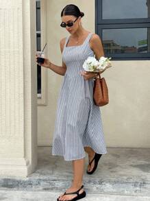 Siren Gaze Women Striped Print Square Neck Sleeveless Mid-Calf Summer Dress Vacation Casual Blue Holiday Resort - Navy Blue - View 6