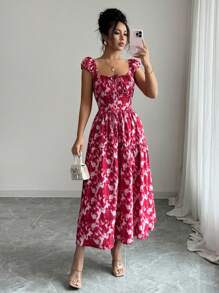 Elenzga Robe maxi bohème d'été pour femmes, blanche à fleurs, élégante, encolure carrée, taille froncée et cintrée, nœud devant, manches bouffantes, jupe à volants, pour vacances et tea party - Multicolore - Voir 5