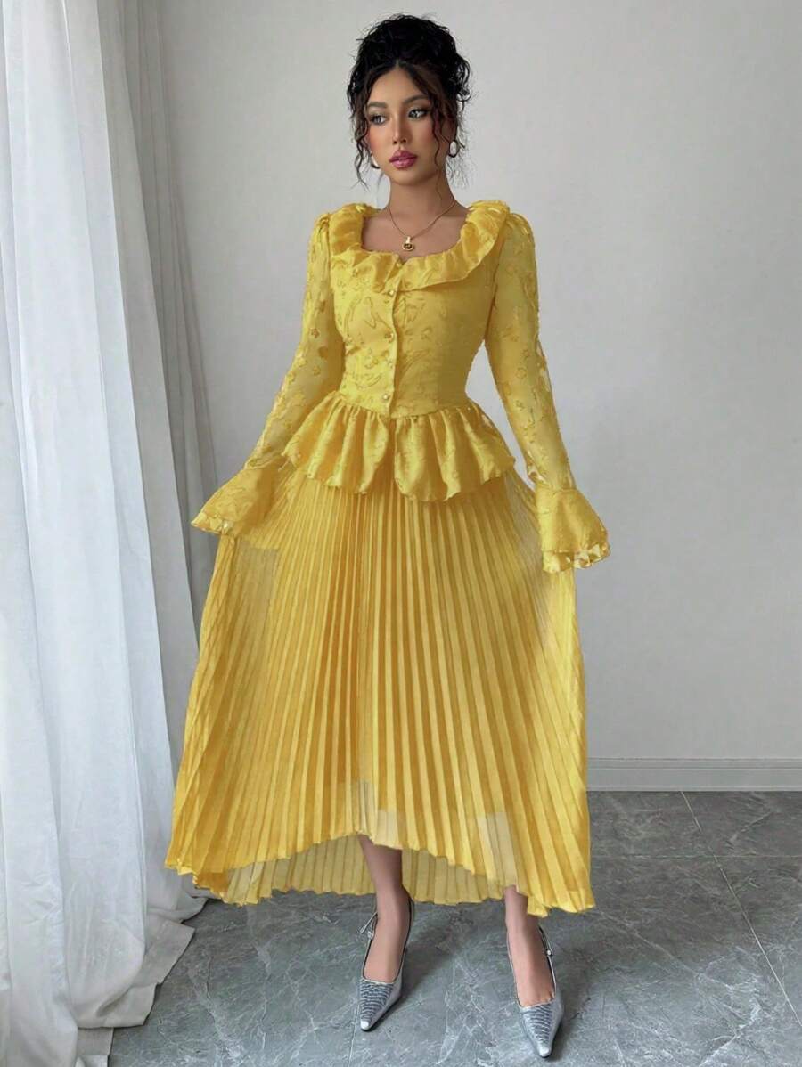 Modelyn 女士修身方领喇叭袖两件套 - 黃色 - 查看 1