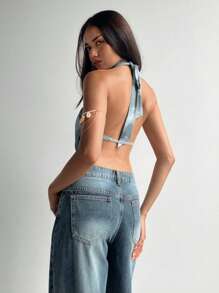 Aloruh 女士性感优雅十字垂坠领镂空扎染印花露背吊带上衣