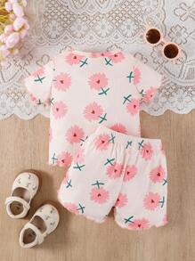 SHEIN Playful Pals 2 pezzi/set Bambina Casual Carino Stampa Maglietta Manica Corta e Shorts Abbinati, Estivo