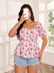 SHEIN Clasi Camisa casual y elegante de talla grande para mujer con cuello cuadrado, mangas abullonadas, cintura y volantes en el bajo con estampado floral - Multicolor - Ver 6