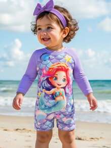 Infant & Baby GirlOne-Piece Long Sleeve Swimsuit, Back Zipper Closure, Cute Unicorn Pattern, Pink