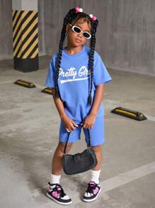 SHEIN Conjunto de 6 piezas de estilo informal para niñas preadolescentes con camiseta estampada con oso, coche de carreras y letras, y shorts de ciclista en 2 piezas