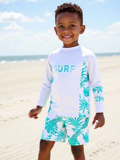 TaviRue 2 件套年轻男童休闲运动泳衣套装，适合小男孩，带有假日风格图案，紧身上衣和可调节泳裤，儿童服装，适合户外游泳、沙滩玩耍、度假穿着，适合春、夏、秋、冬四季