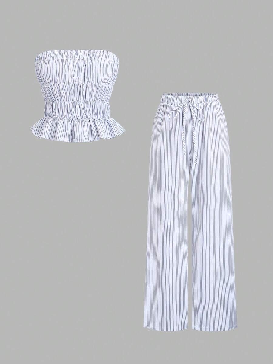 Sweetra 2pcs Spring & Casual Blue Striped Tube Top & Wide Leg Pants Suit, Stylish And Comfortable For Women - Blue - View 1