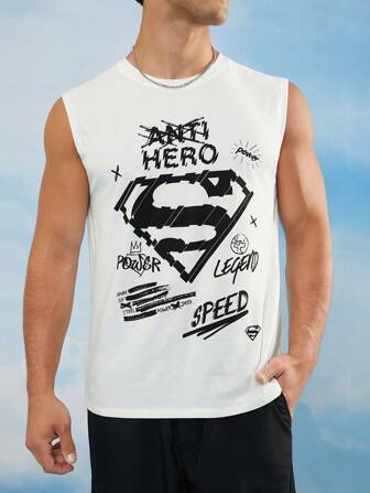 SUPERMAN X SHEIN Débardeur à col rond blanc avec graphique lettrage pour hommes, été