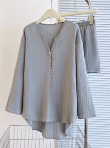 2pcs Women's Solid Color Drop Shoulder Long Sleeve Button Half Placket Top And Shorts Set