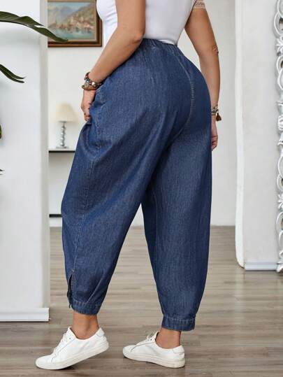 EMERY ROSE Mature Denim Jeans in denim non elasticizzato da donna taglie forti, denim casual leggero con vita elastica, design con orlo aperto, pantaloni in denim ampi a lantena per l'estate