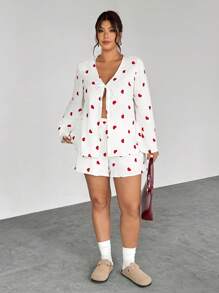 Firerie Plus Size Summer Casual Heart Embroidered Shirt & Shorts 2 Pieces Set - White - View 1