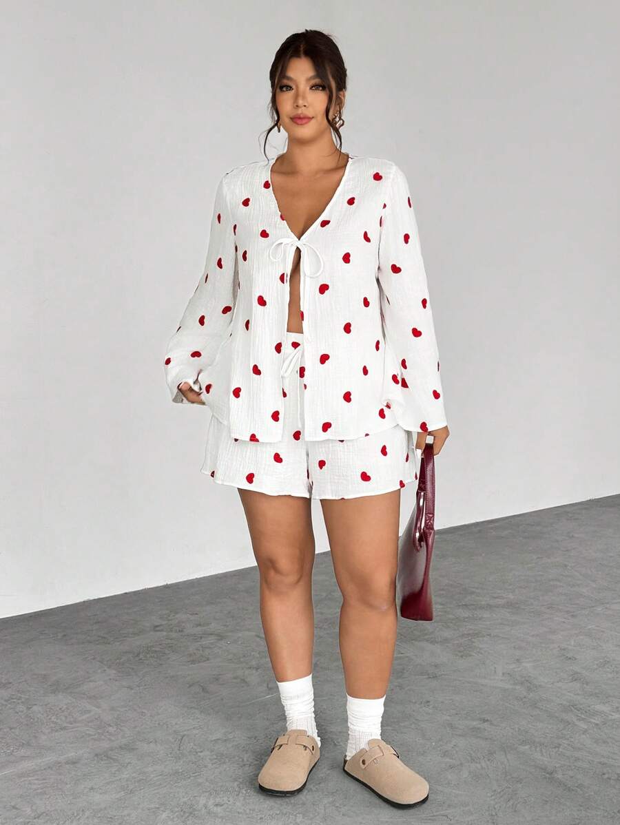 Firerie Plus Size Summer Casual Heart Embroidered Shirt & Shorts 2 Pieces Set - White - View 1