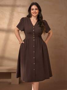 Chikora 大码女式优雅亚麻棉质V领休闲办公室连衣裙 - 咖啡棕 - 查看 7
