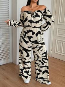 SHEIN EZwear Combinaison décontracté à épaules dénudées et volants imprimée tie-dye, grande taille - Noir et Blanc - Voir 8